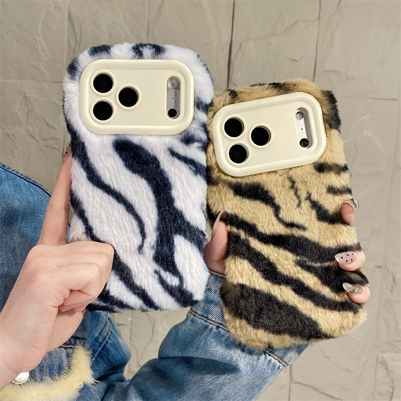Apple Iphone 15 Pro Max - Luxury Zebra Pattern Fluffy Plush Phone